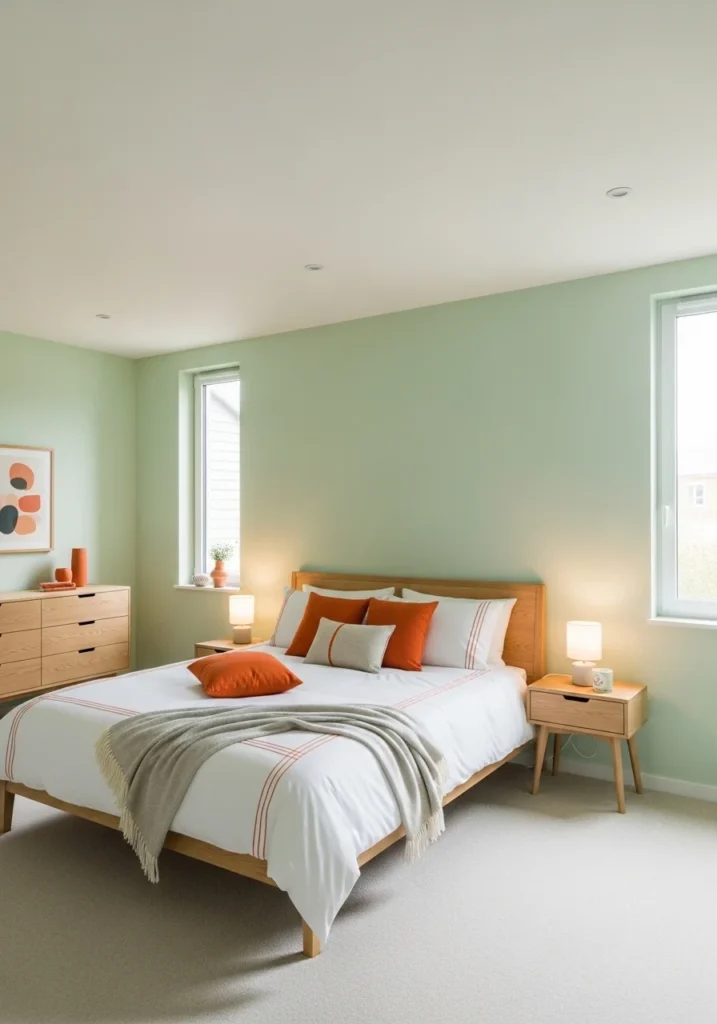 Pastel green bedroom with soft tangerine accents on the bed, airy and calming design.