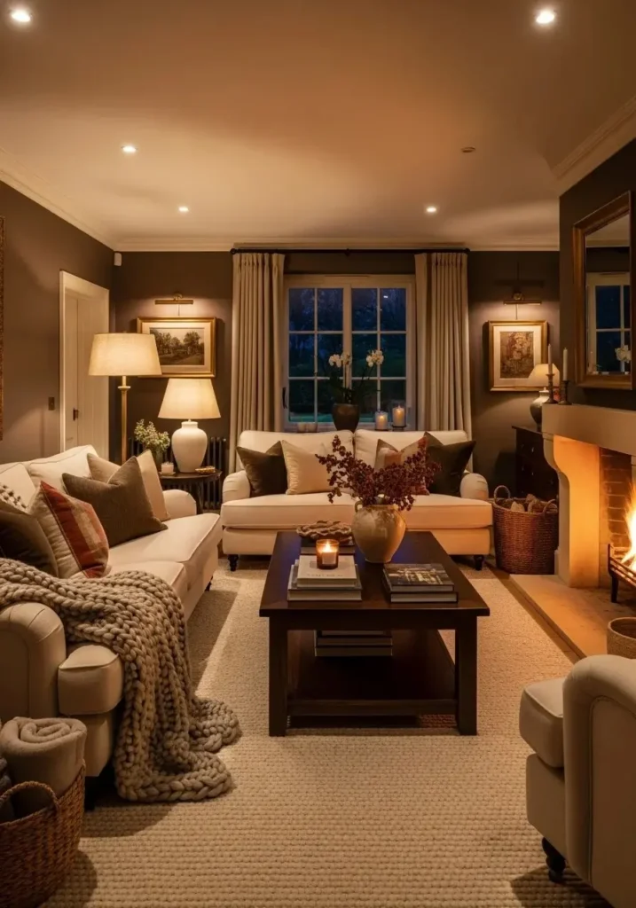Living room with chocolate brown walls and cream furniture creating cozy drama.