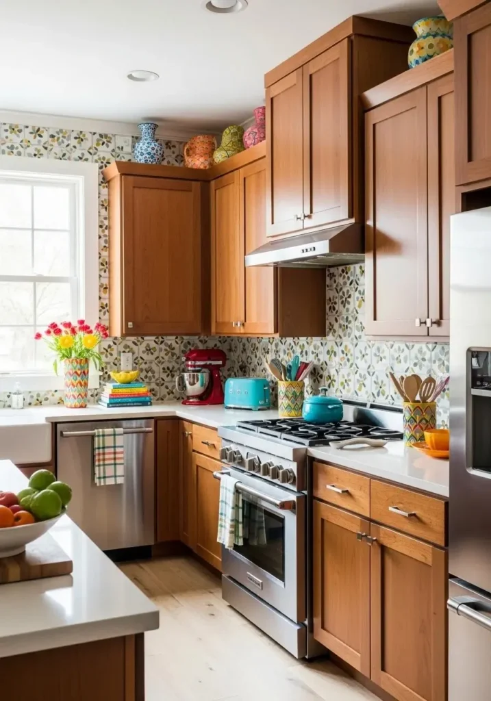 Kitchen with wood cabinets and bold accent colors, adding energy and personality while maintaining warmth.