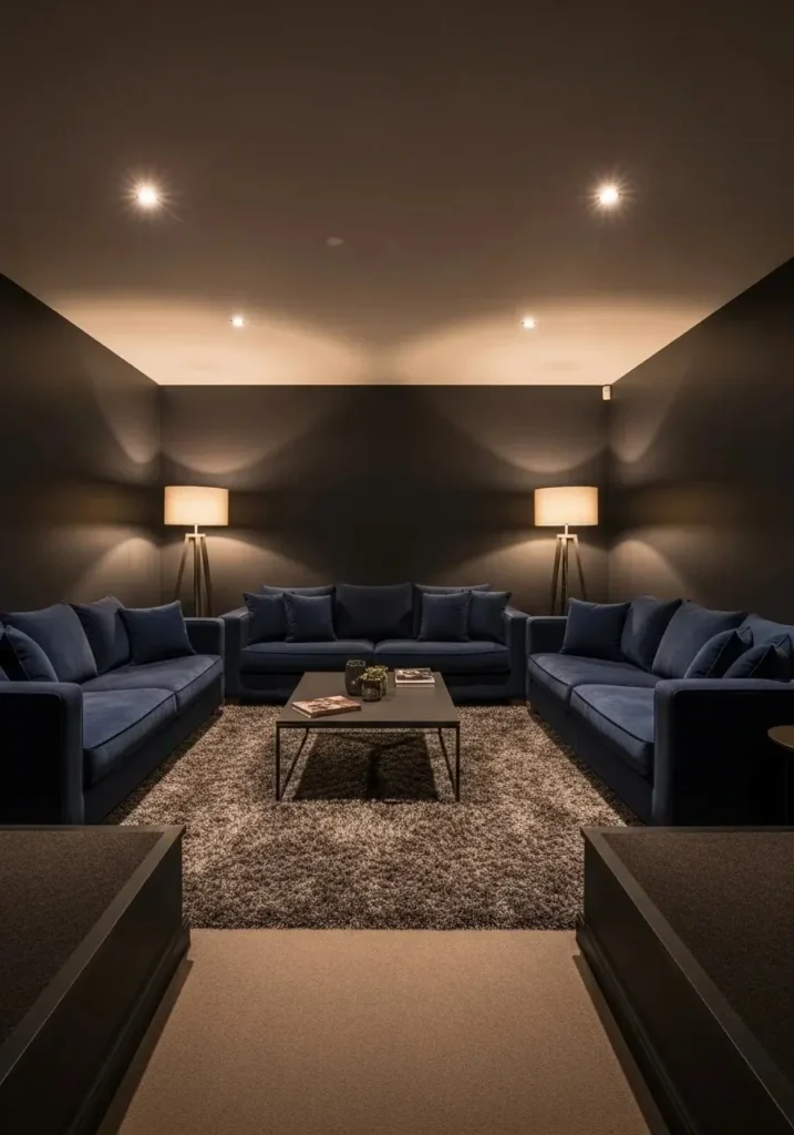 Dark and moody sunken living room with deep tones and cozy lighting.