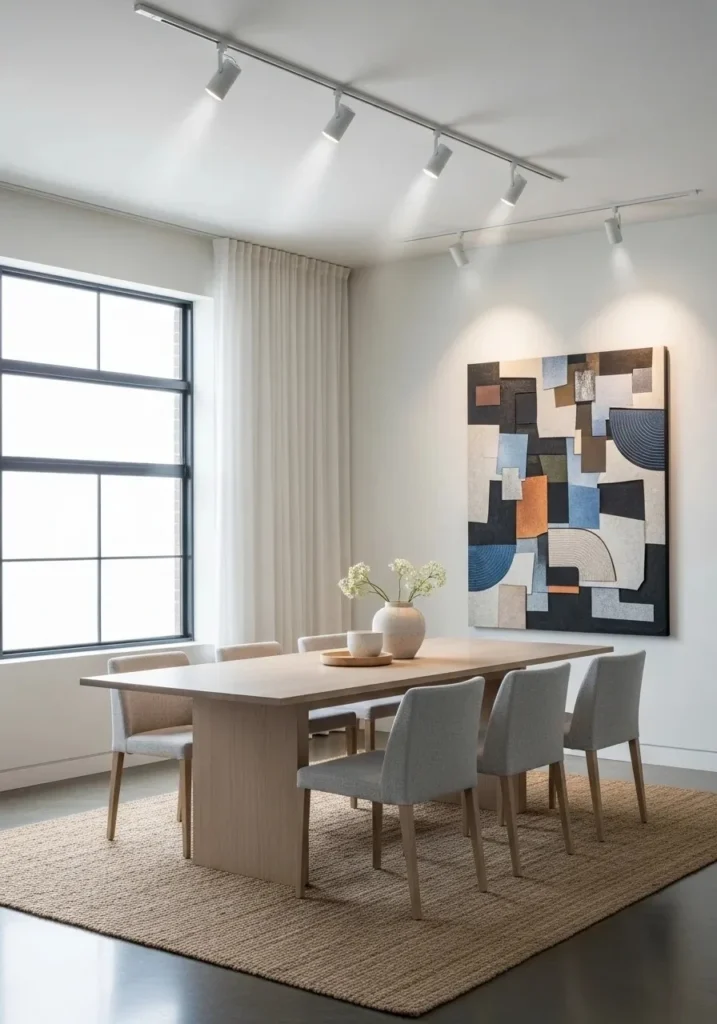 Dining room with track lighting providing flexible and adjustable illumination