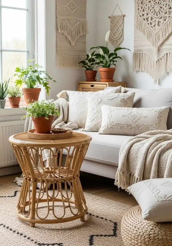 Rattan side table adding soft texture to living room décor.