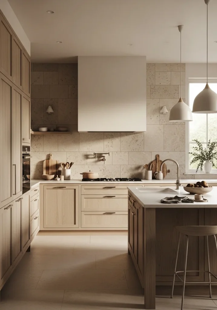 Natural stone backsplash paired with white oak kitchen cabinets