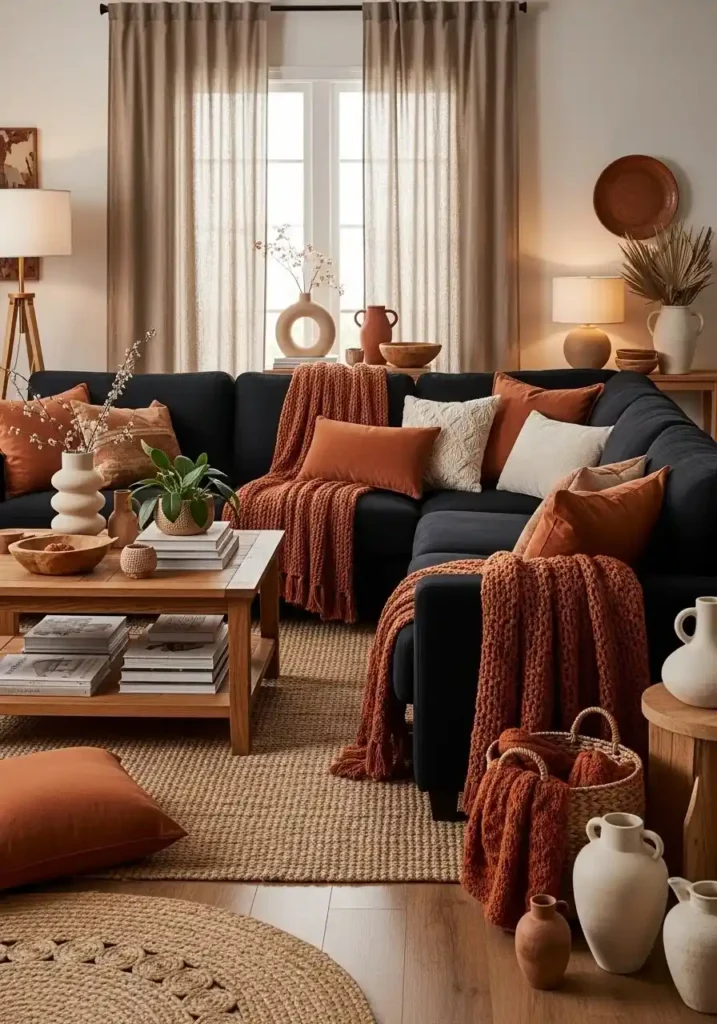 Black couch paired with earthy tones like terracotta and rust for warmth