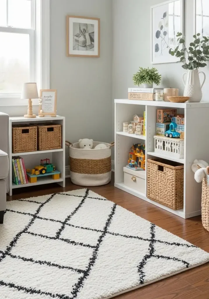 Organized play corner with dedicated toy storage zones.