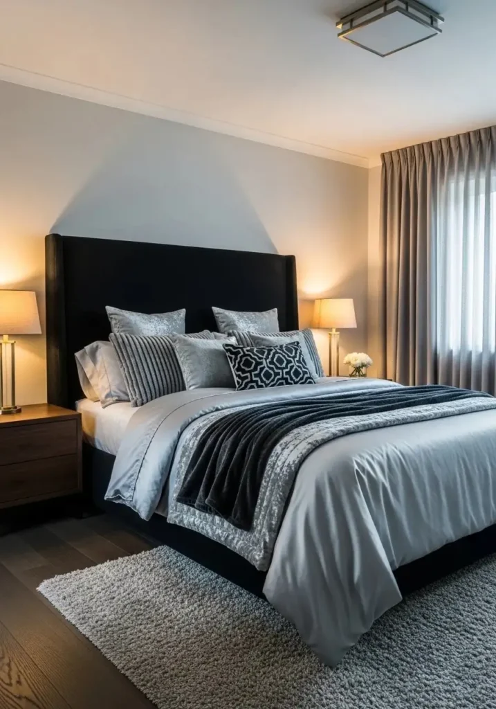 Black headboard paired with layered silver bedding for a cozy modern look