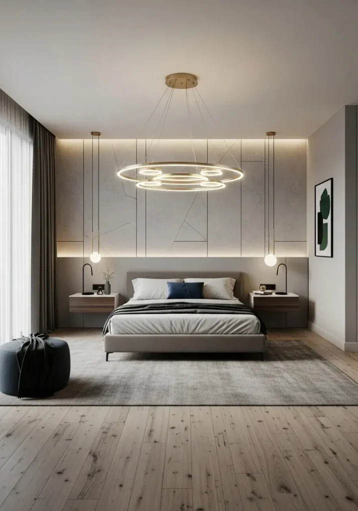 LED ring chandelier in bedroom with a modern and clean look