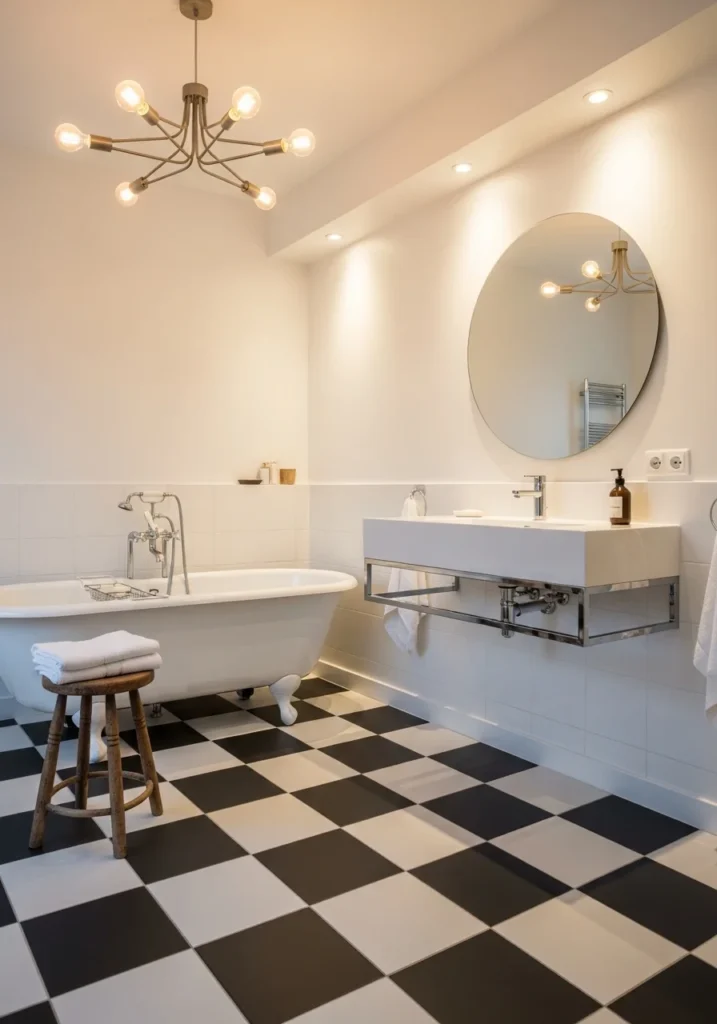 Black and white checkerboard bathroom floor with clean minimalist styling.