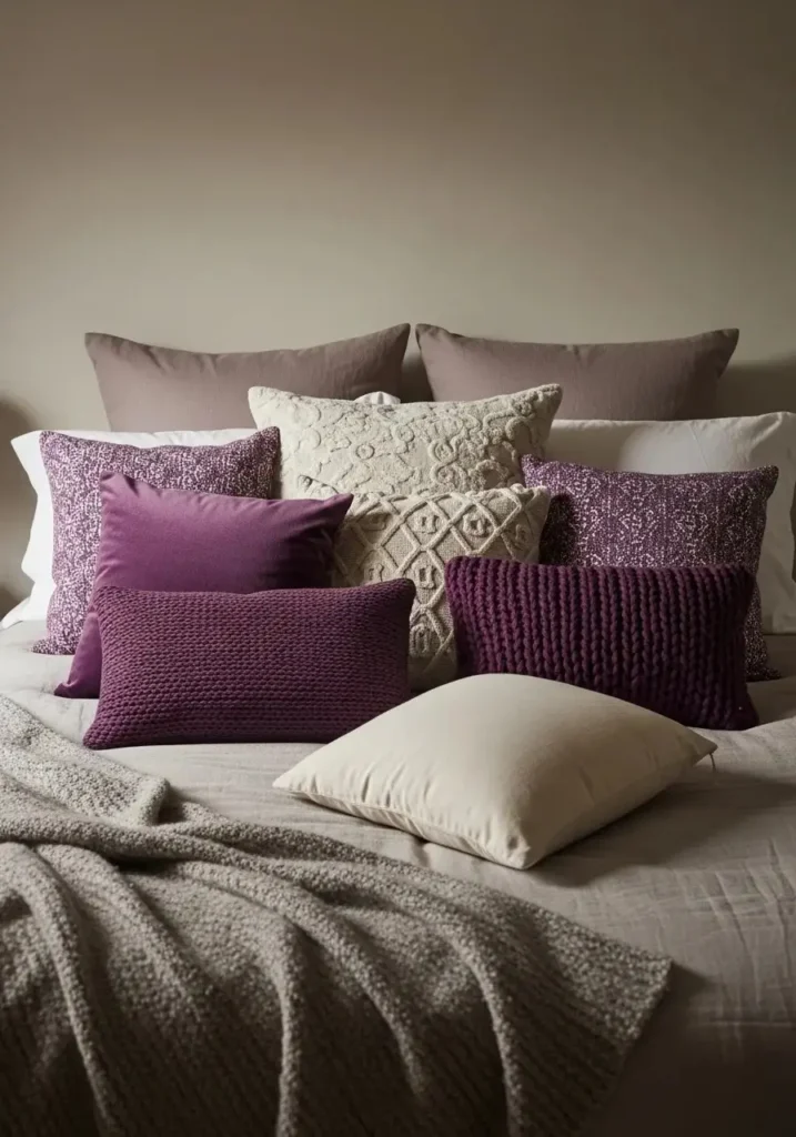 Patterned purple throw pillows layered on neutral bedding to add texture and dimension