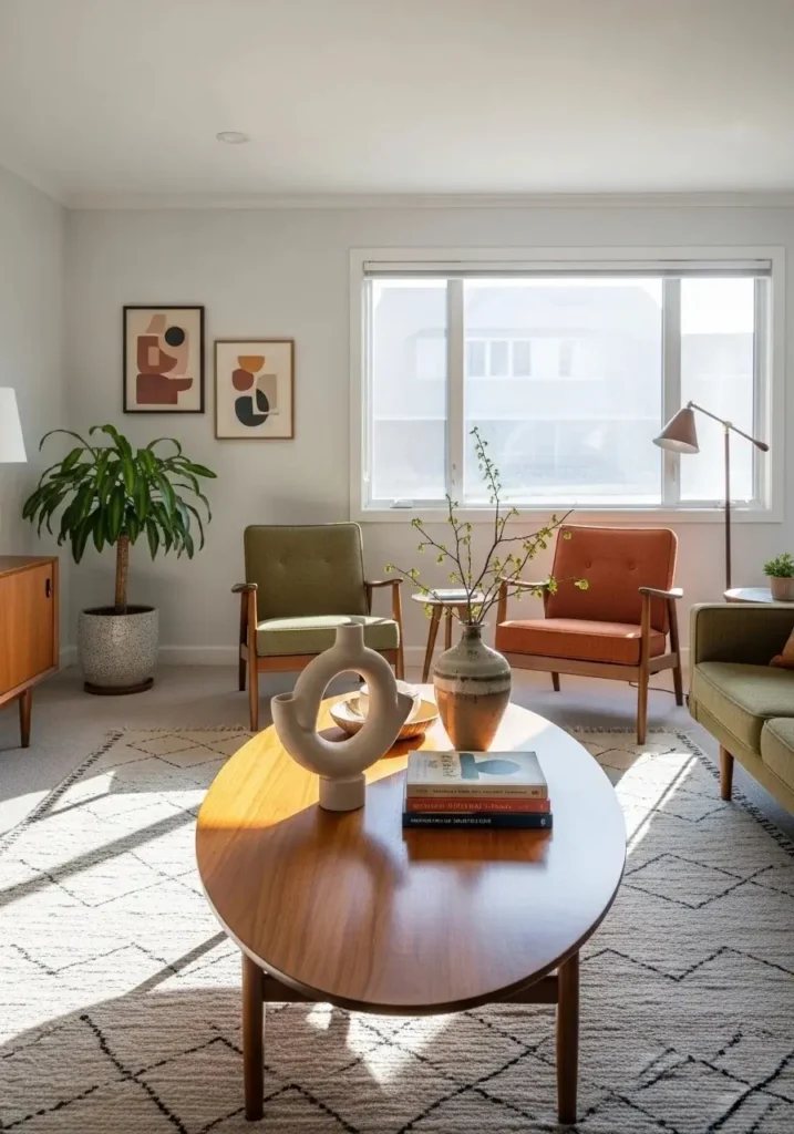 Oval coffee table as a centerpiece in a mid century modern living room
