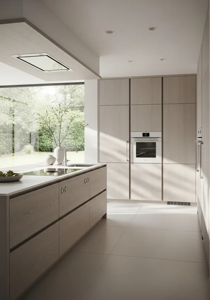 Minimal white oak kitchen cabinets with a clean handleless design