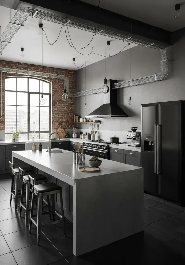 industrial kitchen with black appliances modern style