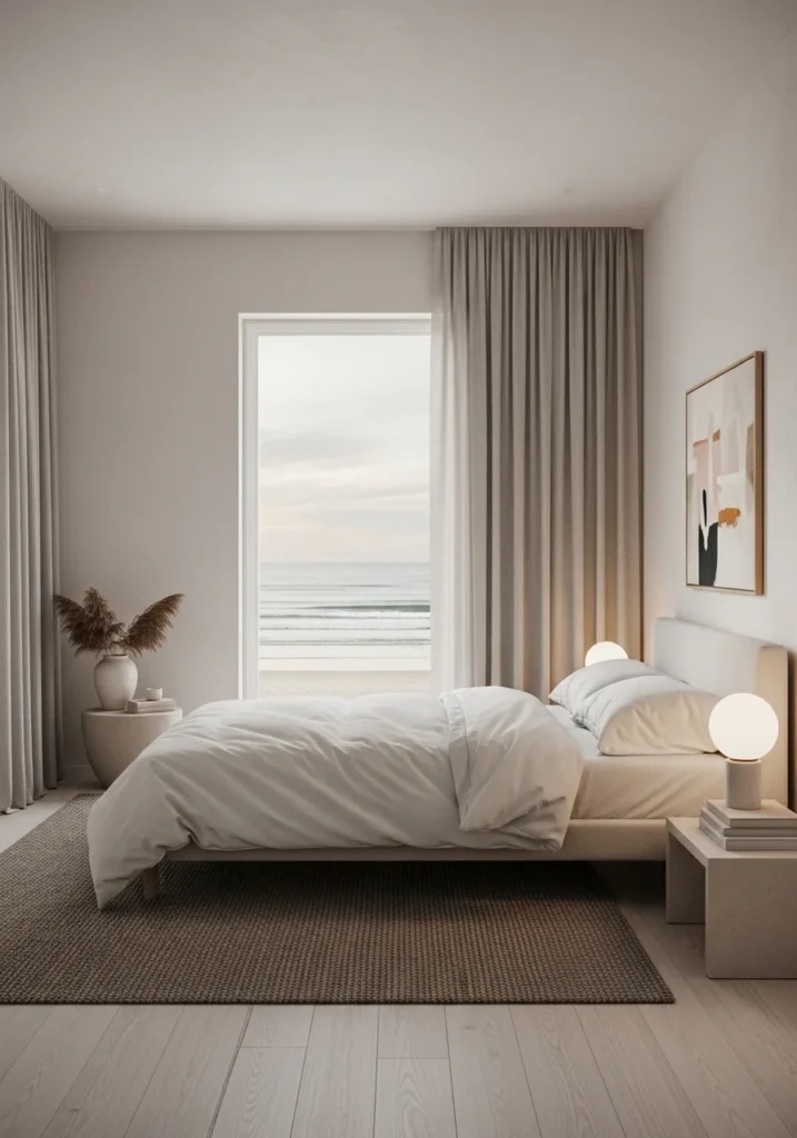 Minimal coastal bedroom with clean styling and relaxing atmosphere.