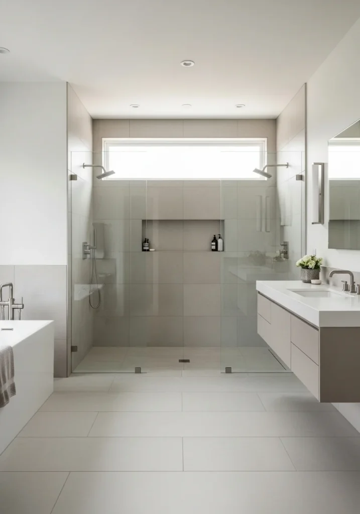 primary bathroom ideas walk-in shower glass panels modern