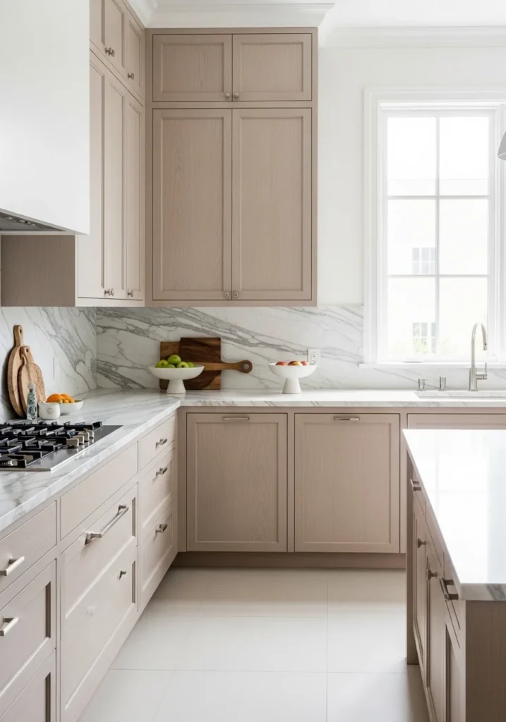 Light marble countertop paired with white oak kitchen cabinets in a bright kitchen