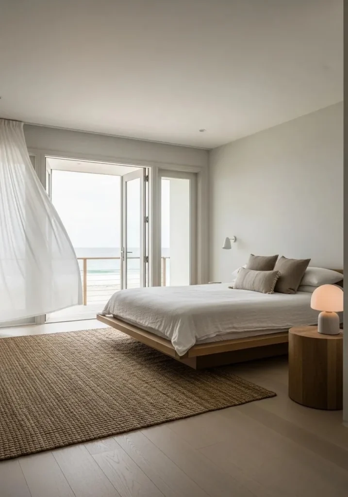 Open and airy beach bedroom layout creating a calm and spacious feel.