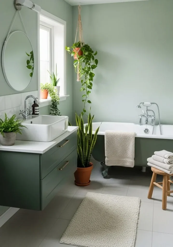 Balanced green bathroom design with crisp white fixtures and neutral accents for a fresh, airy feel.
