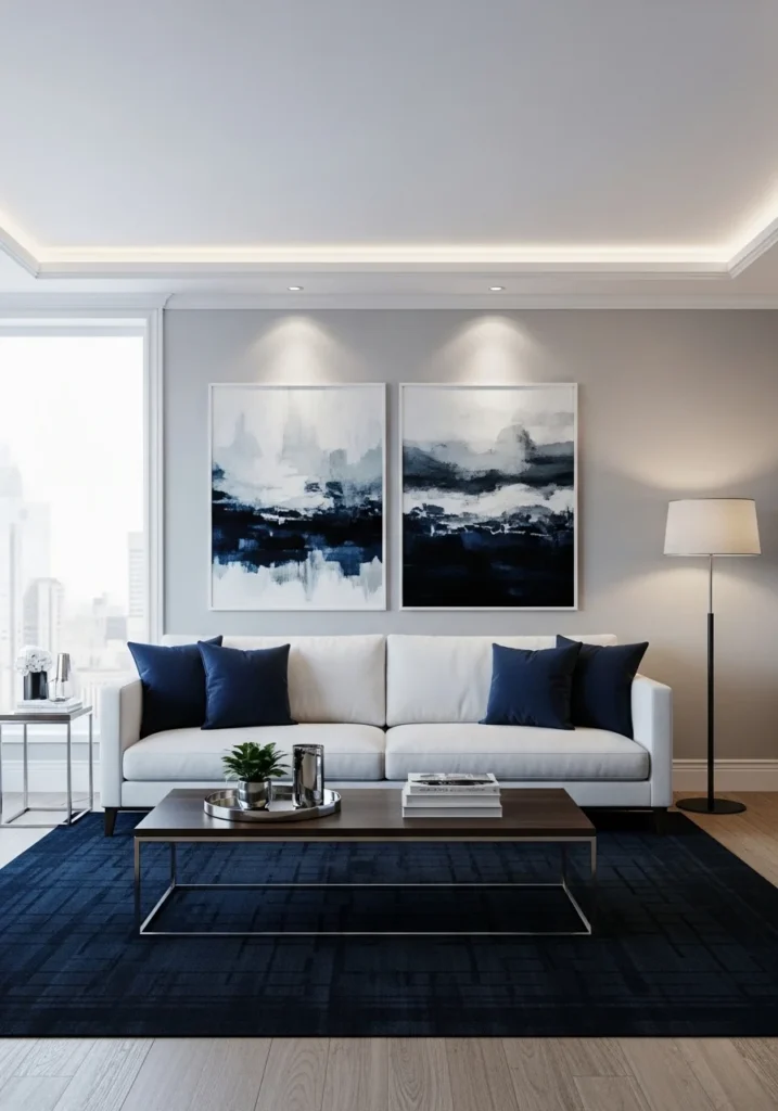 White couch living room with navy blue accents and elegant contrast styling