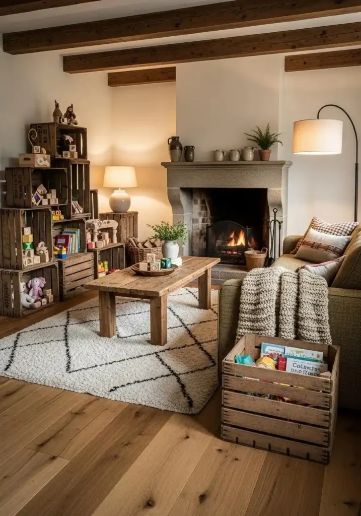 Wooden crates used as rustic toy storage in living room.