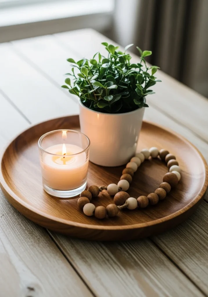 Wooden tray centerpiece with mixed decor items on a dining table