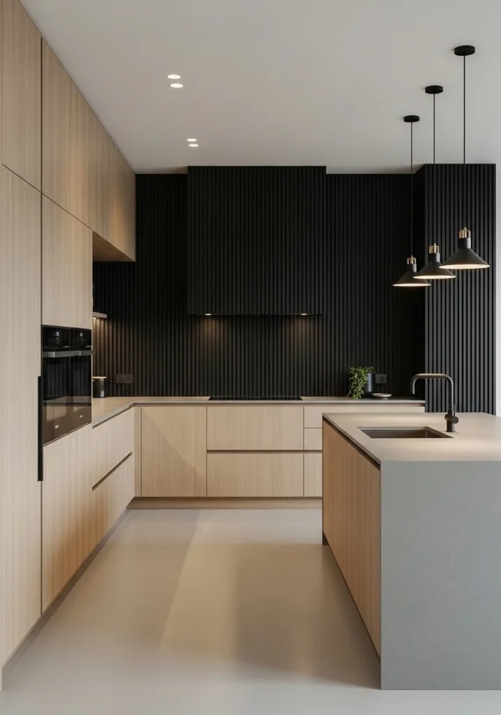 minimalist kitchen black wall wood slats clean design