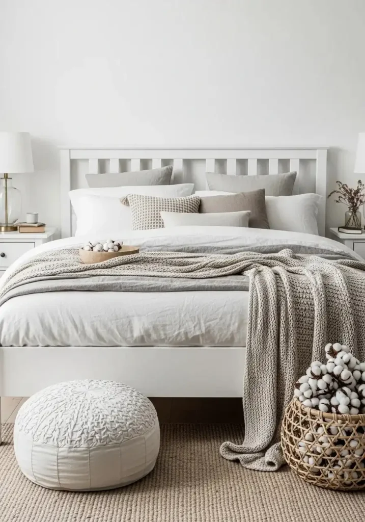 White layered bedding creating a soft and inviting beach bedroom feel.