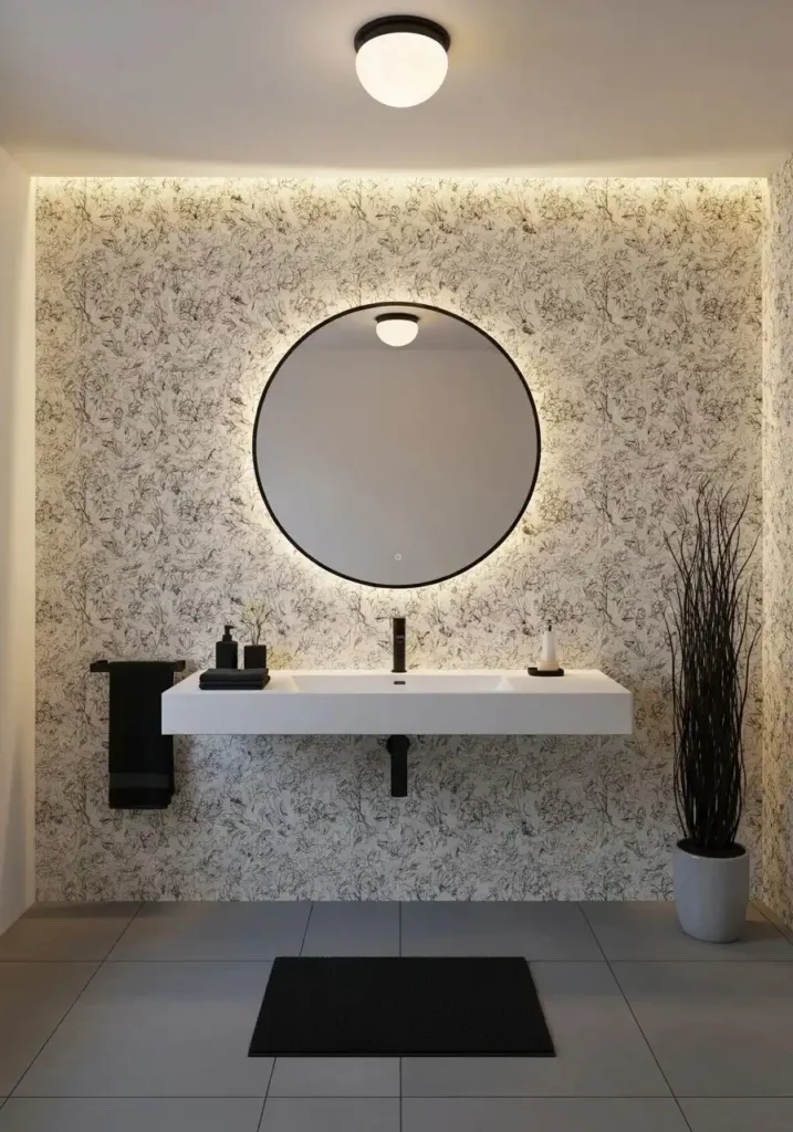 black and white patterned wallpaper bathroom adding artistic personality