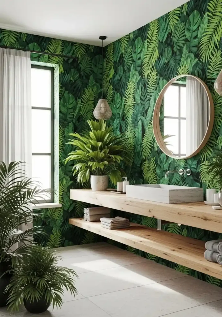 tropical bathroom wallpaper with palm leaf design creating a fresh relaxing space