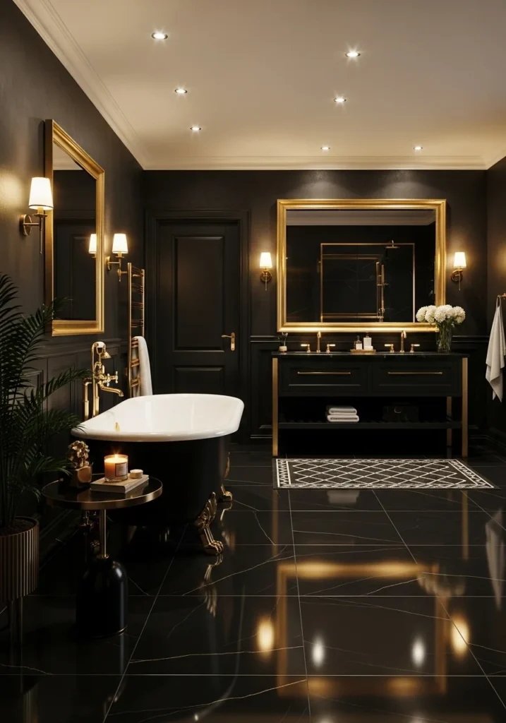 Black and gold bathroom with warm ambient lighting