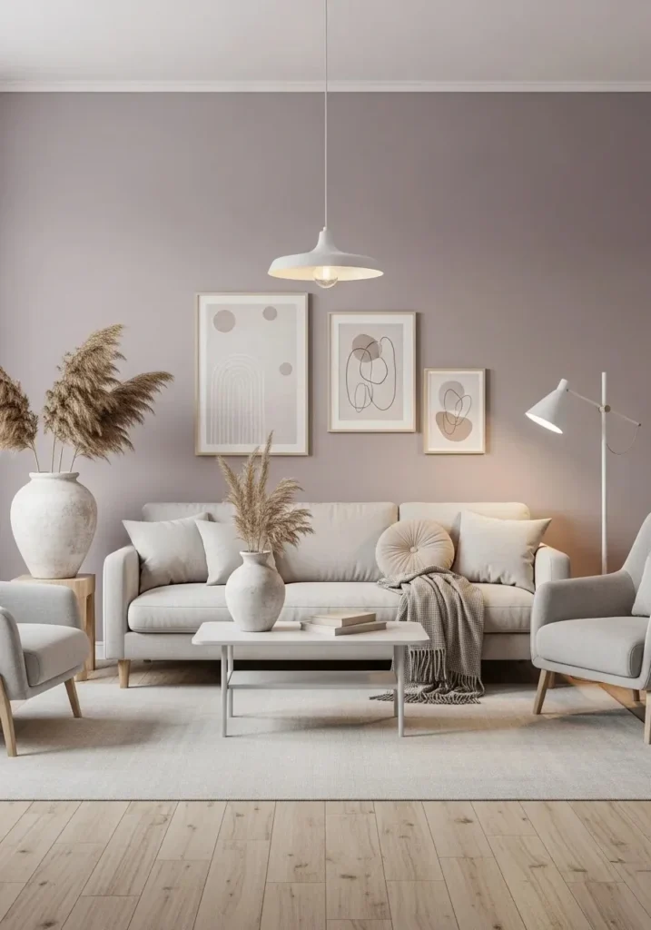 Living room with dusty lavender walls creating a soft and calming look.