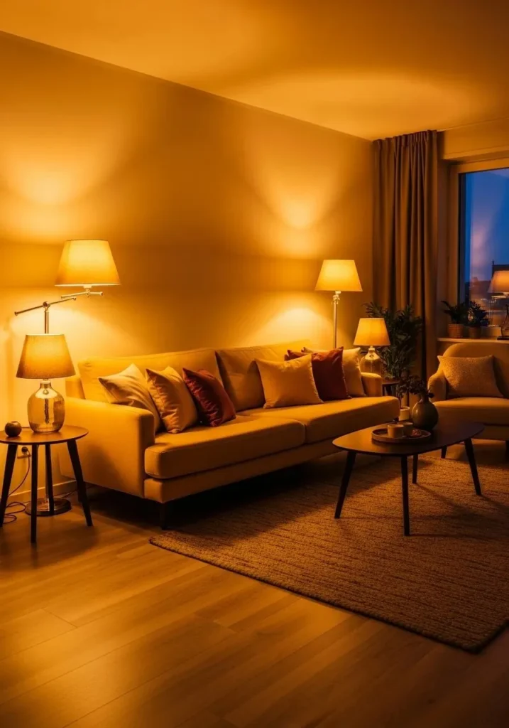 Yellow couch living room with warm lighting and cozy golden evening glow atmosphere