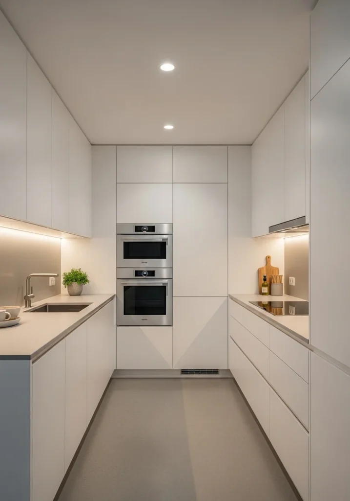 Minimalist galley kitchen with organized zones and streamlined design, emphasizing simplicity and functionality