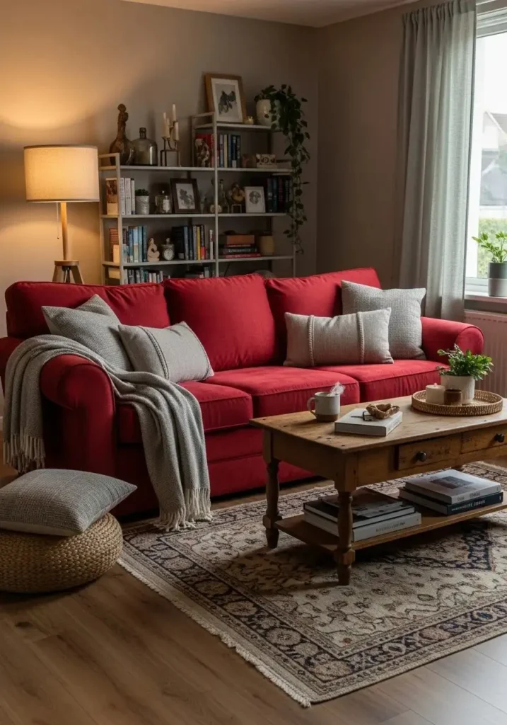 Cozy throw blanket layered over a red couch