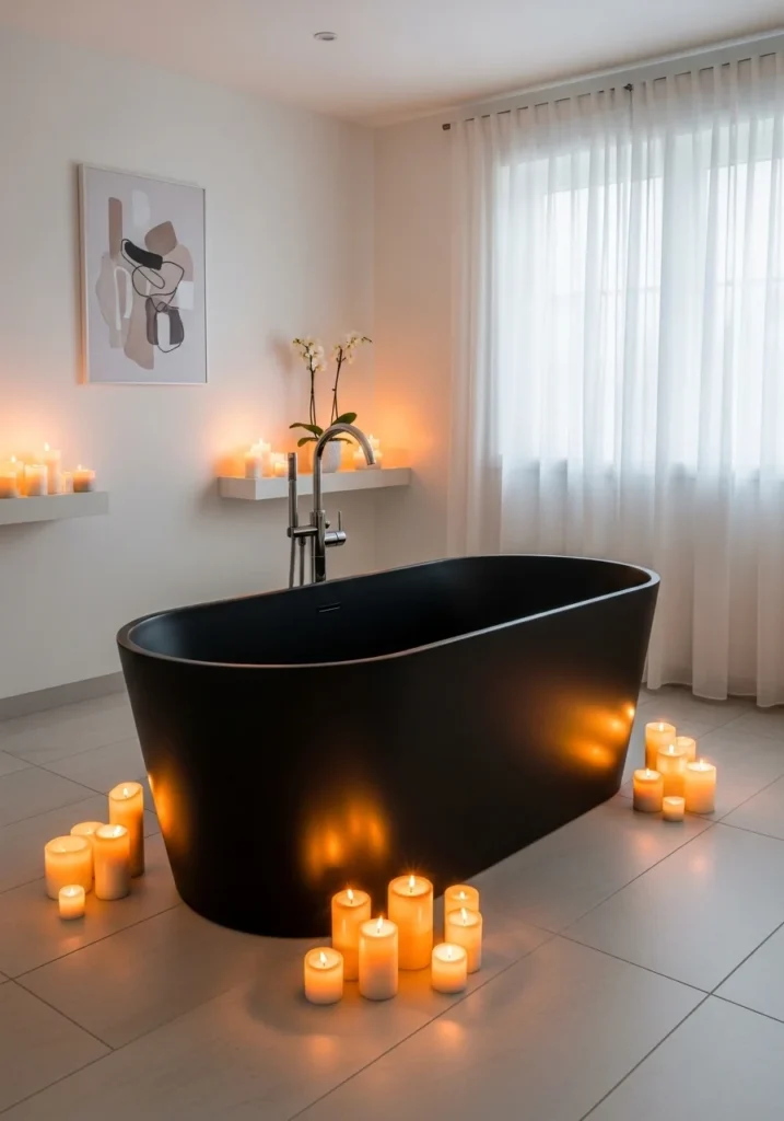 Black freestanding bathtub in white bathroom creating a luxury spa feel.