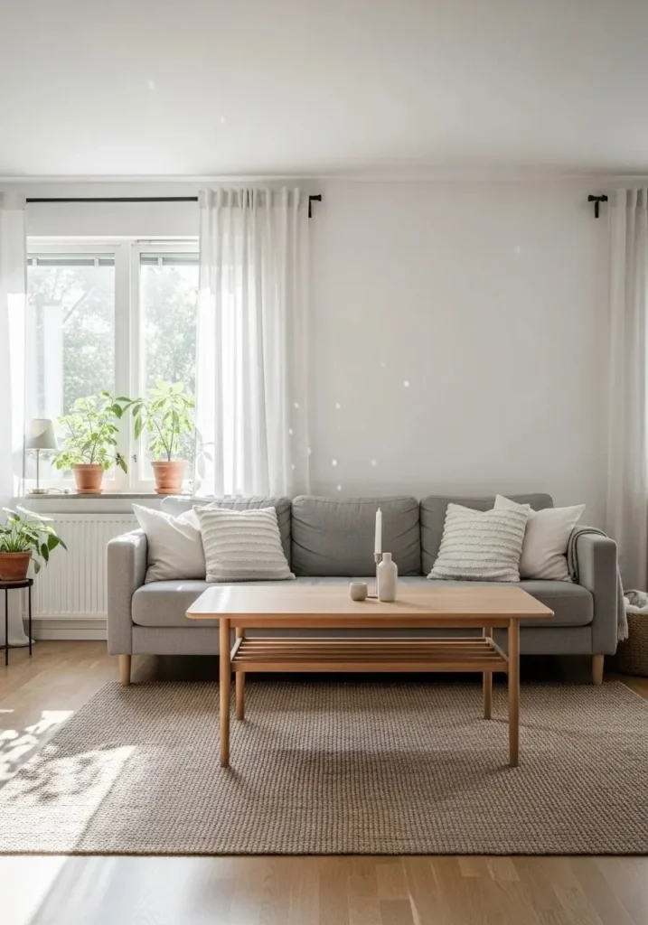 Grey couch living room with soft white walls, light wood accents, and minimalist cozy decor