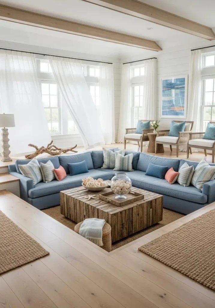 Coastal sunken living room with blue tones and natural textures.
