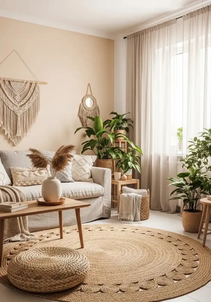 Living room with soft sand walls, natural textures, and a calm neutral aesthetic.