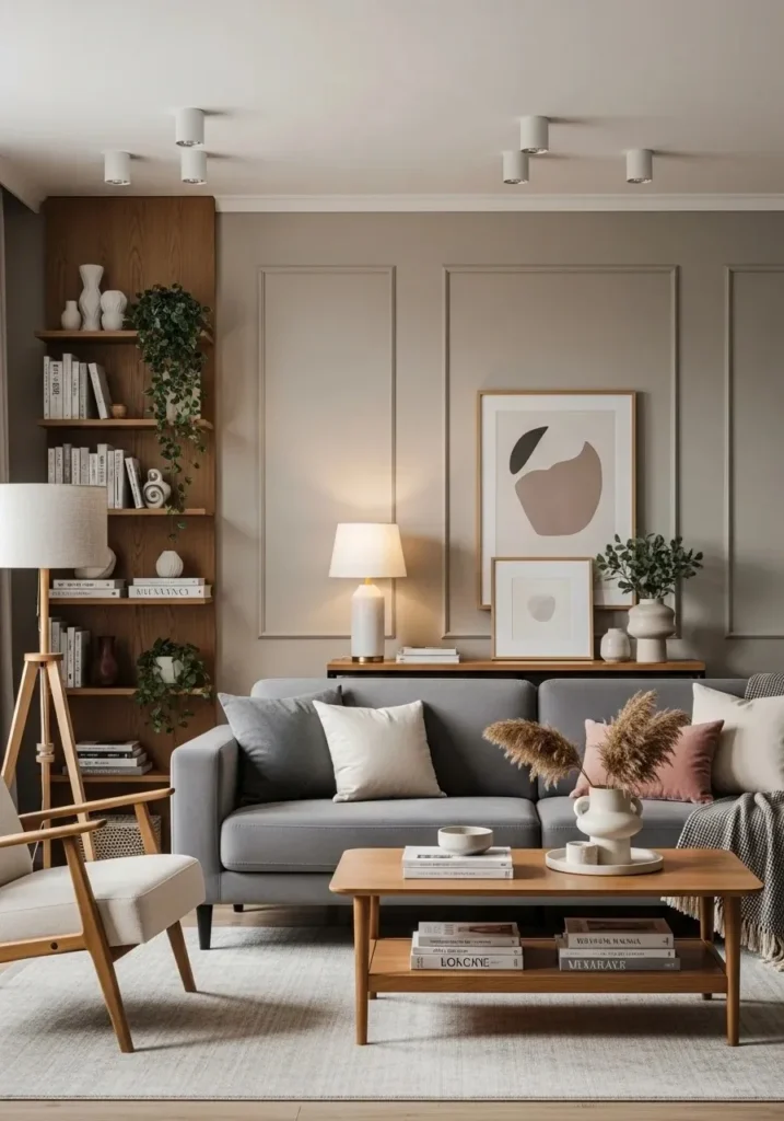 Modern living room with greige walls blending gray and beige tones with stylish décor.