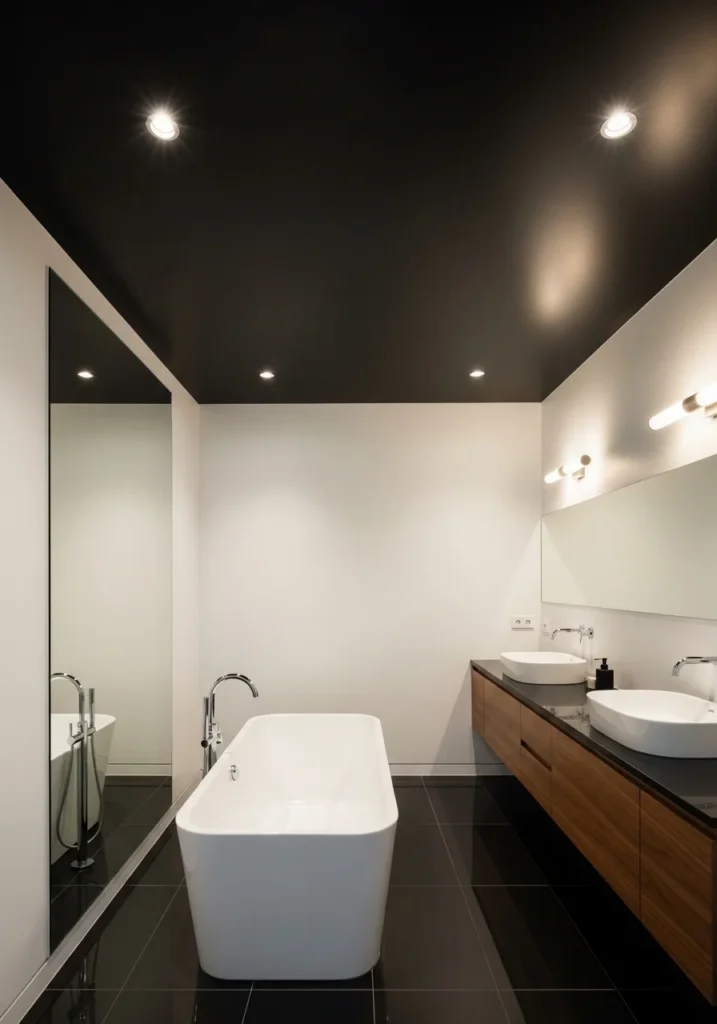 black ceiling in white bathroom creating bold dramatic modern look