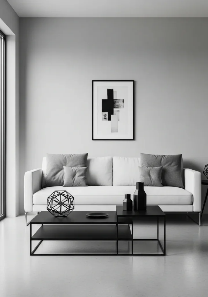 White couch styled in monochrome grey black and white modern living room