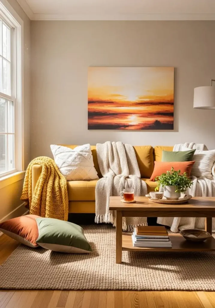 Yellow couch living room with cozy layered cushions, throws, and soft comfortable styling