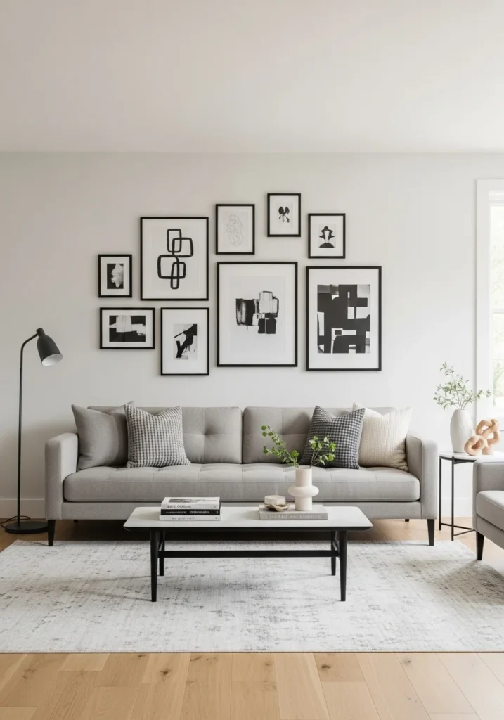 Grey couch with gallery wall of framed art and modern living room styling