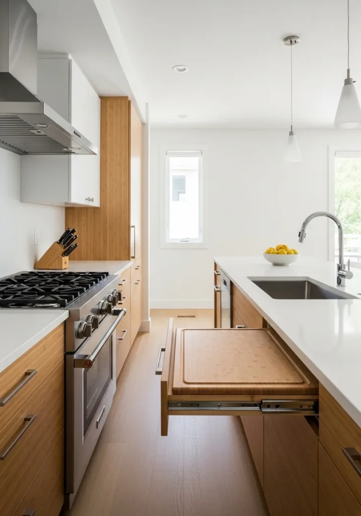 Pull-out cutting board in a galley kitchen providing extra prep space in a compact area.