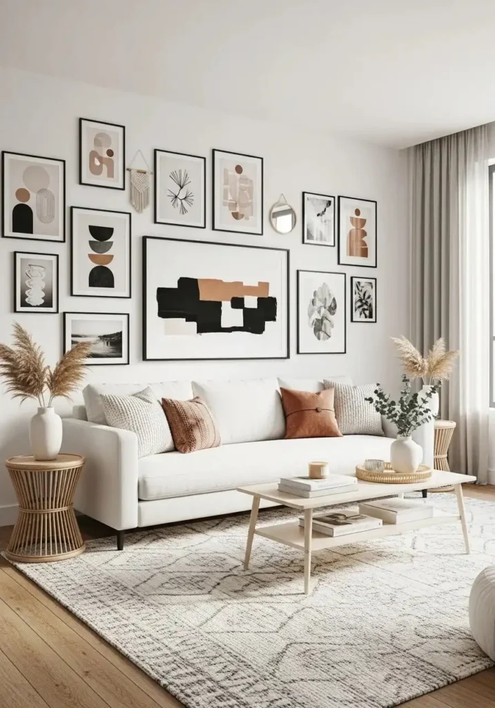 White couch living room with bold gallery wall and modern framed artwork