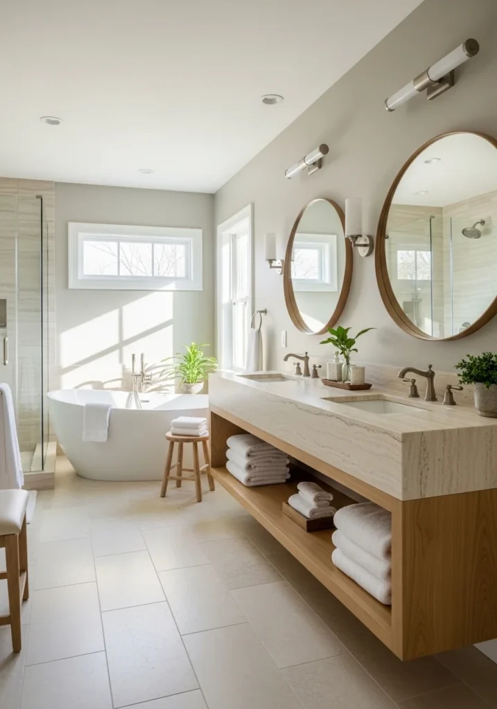 spa-like primary bathroom ideas soft neutral tones modern