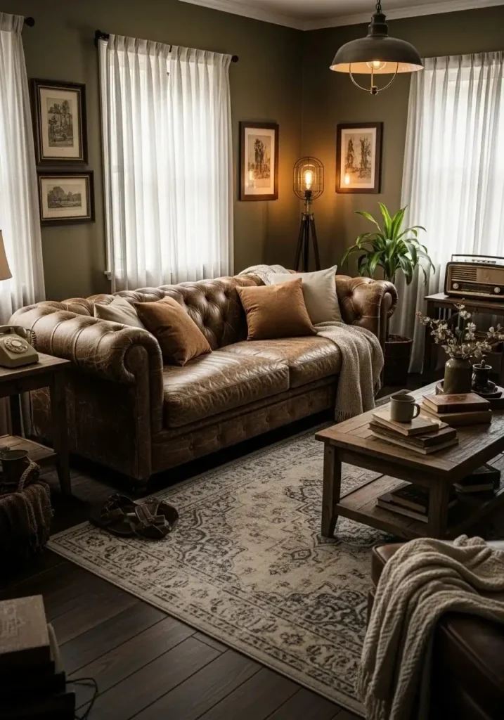 Distressed vintage sofa in a warm and cozy living room