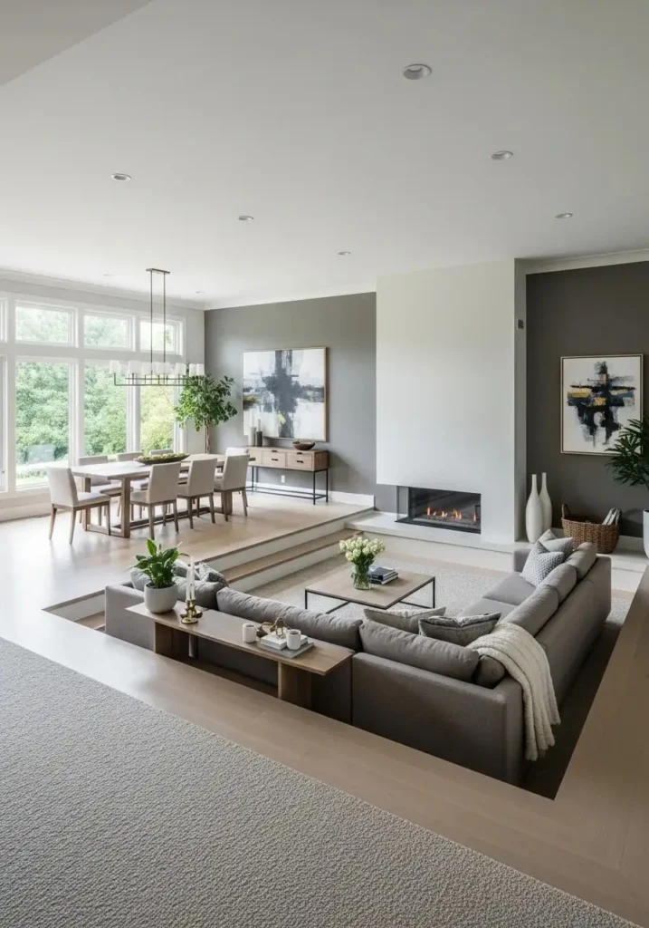 Open floor plan with sunken living room creating a defined cozy space.