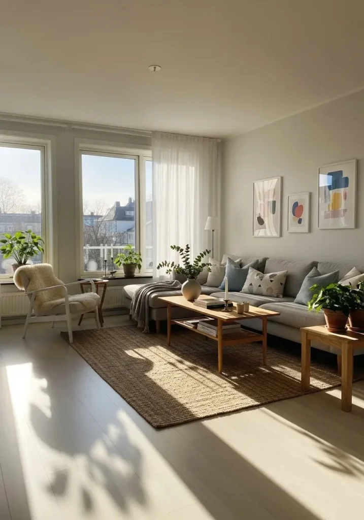 Scandinavian living room with large windows and natural light