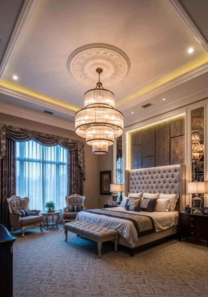 Tiered chandelier creating a dramatic and elegant bedroom focal point