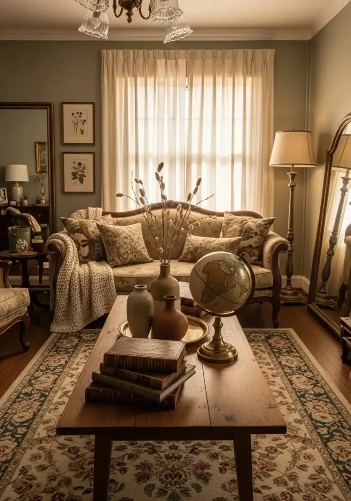 Vintage books and objects decorating a living room table